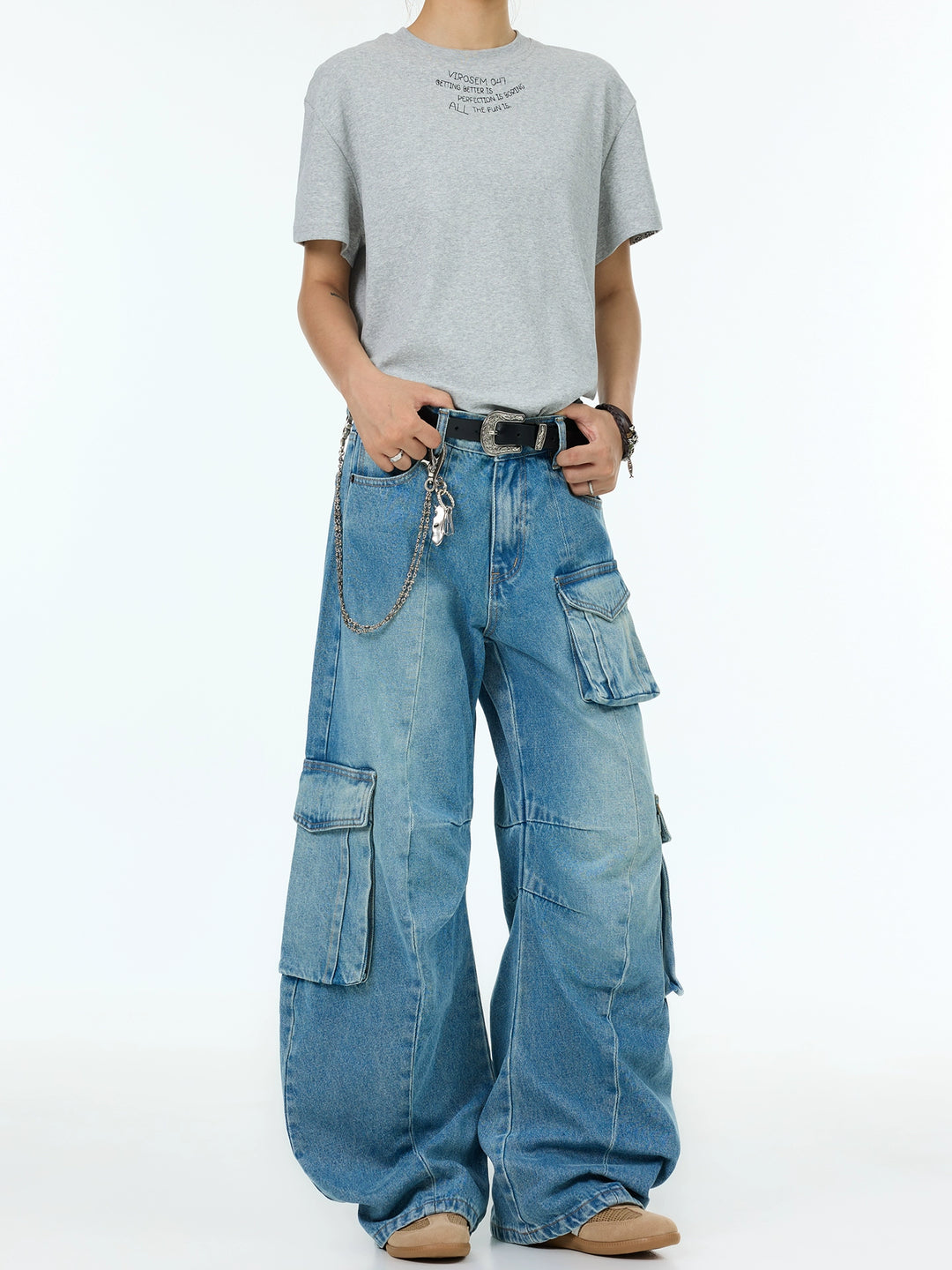 Loose Wide-Leg Multi-Pocket Jeans