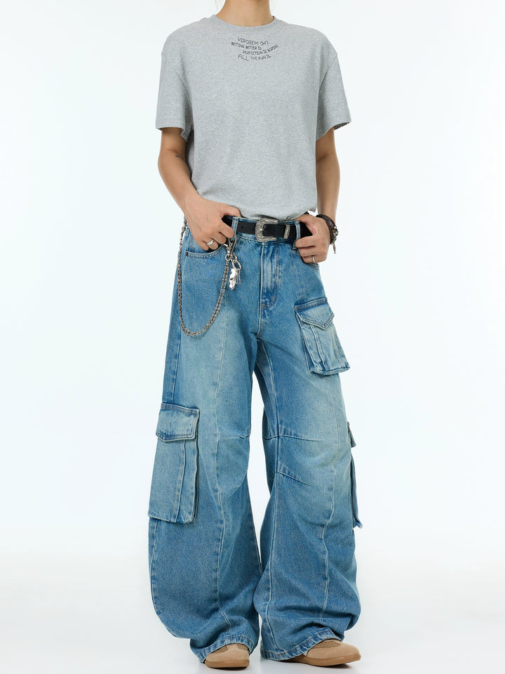 Loose Wide-Leg Multi-Pocket Jeans