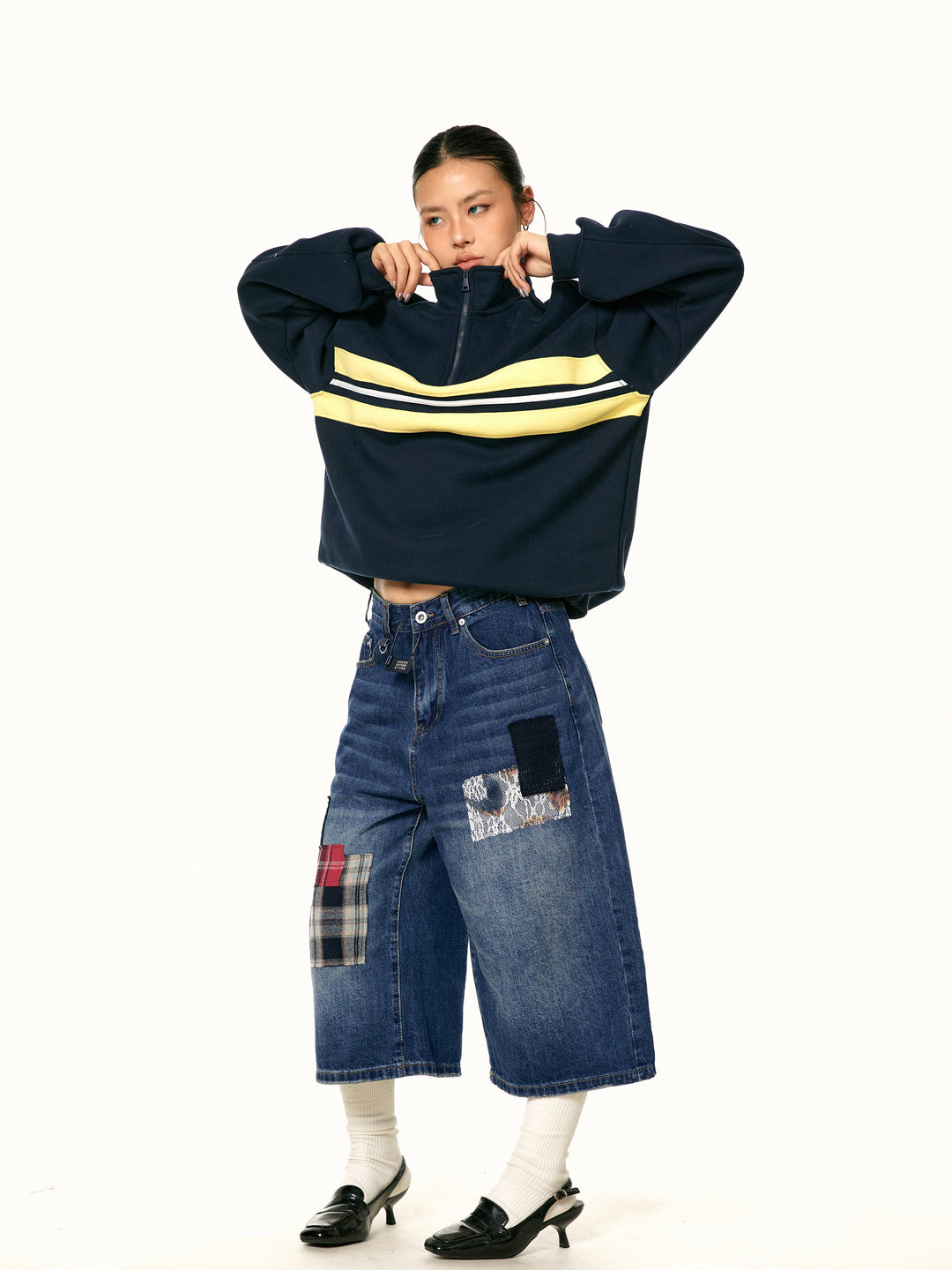 Patchwork Wide-Leg Cropped Jeans