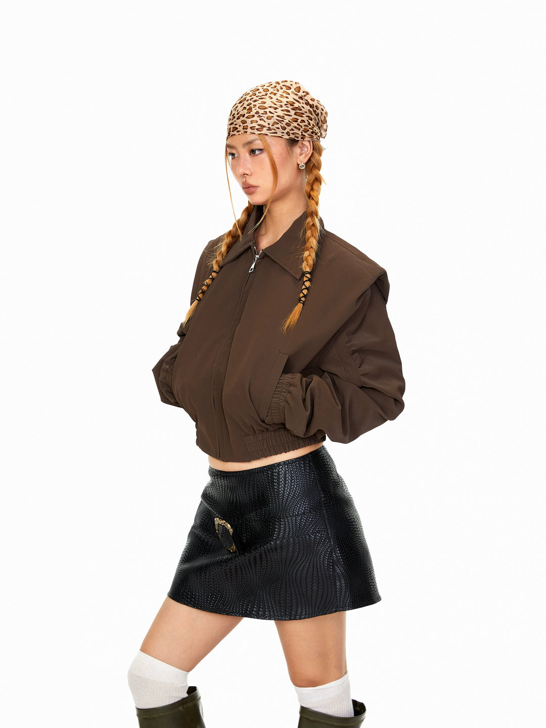 Padded Shoulder Cropped Leather Jacket