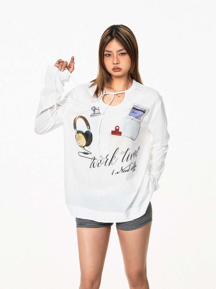 Printed V-Neck Long-Sleeve Casual Top