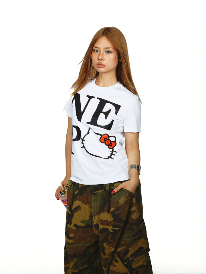 T-shirt à manches courtes avec impression de lettre de dessin animé 