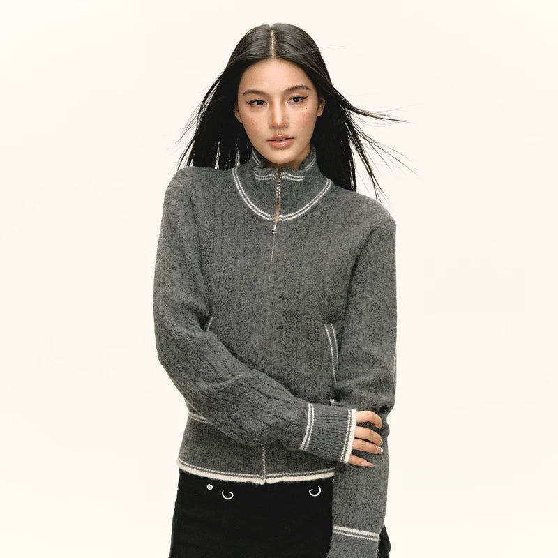 Suéter cárdigan con cremallera y cuello alto retro 