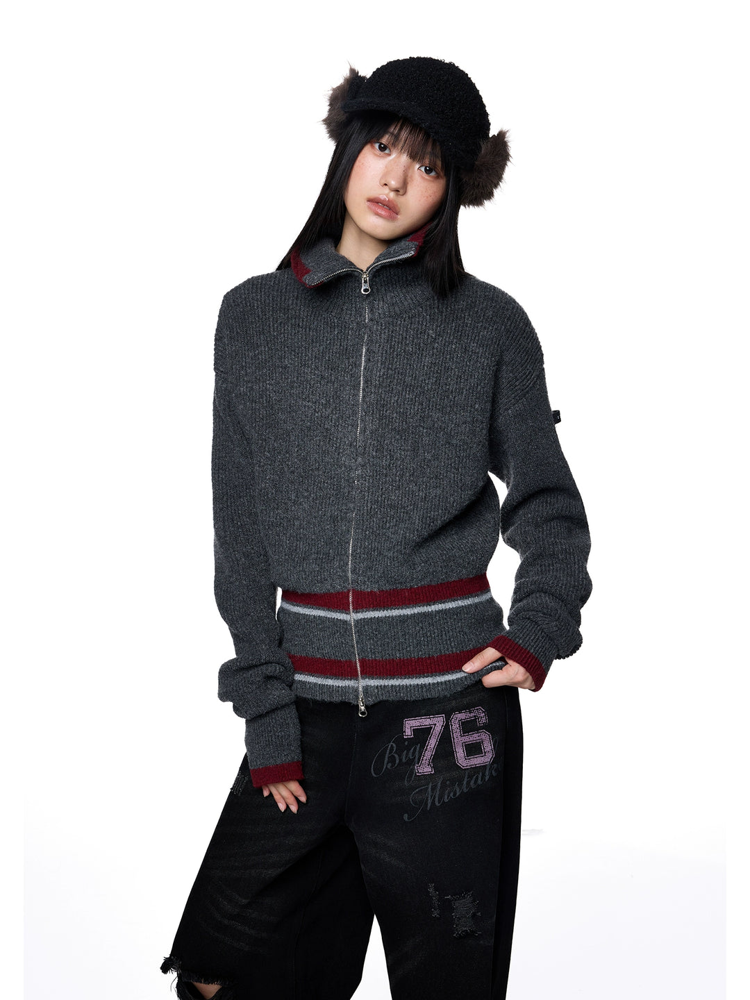 Striped Stand Collar Knit Jacket