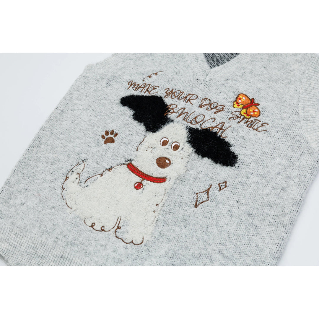 Cartoon-Hund gestickte Strickweste 