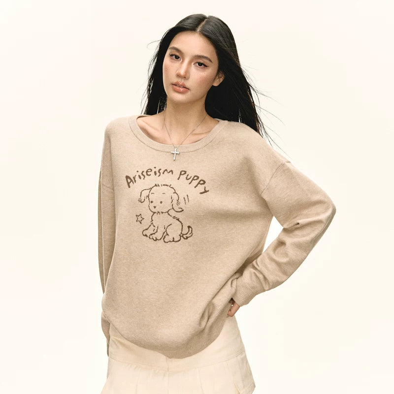 Sweatshirt décontracté avec graphique de chiot rétro 