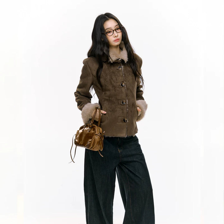Slim Fit Fur-Lined Plush Button Coat