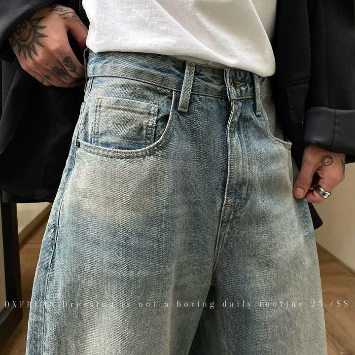 Heavy Wash Retro Loose Straight Jeans Pants