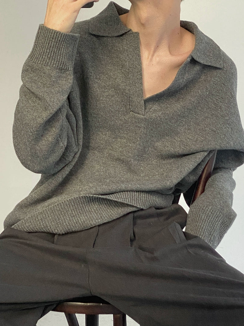 V-neck Lapel Knit Sweater Pullover