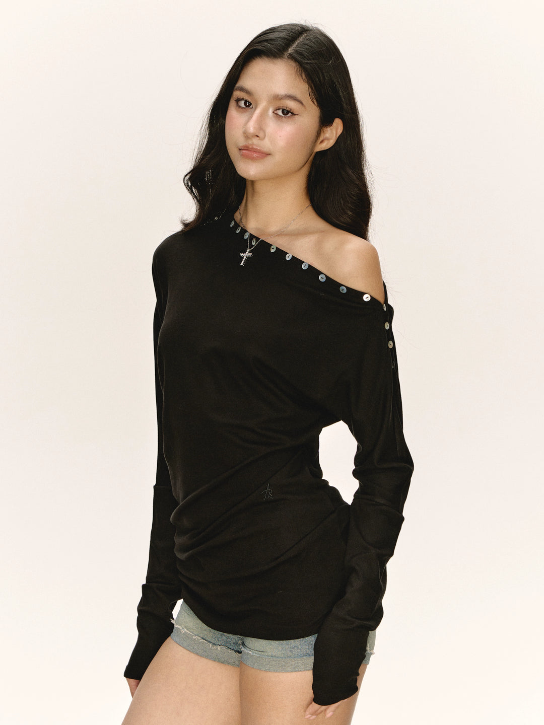 Off-Shoulder Langarm-Turtleneck-Oberteil 