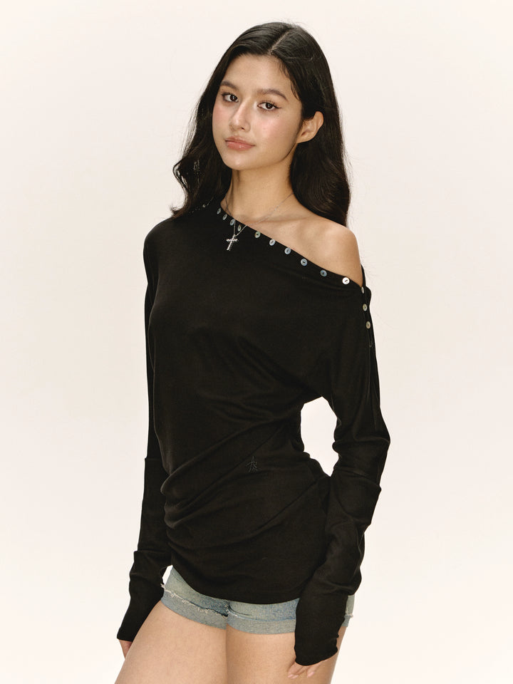Off-Shoulder Langarm-Turtleneck-Oberteil 