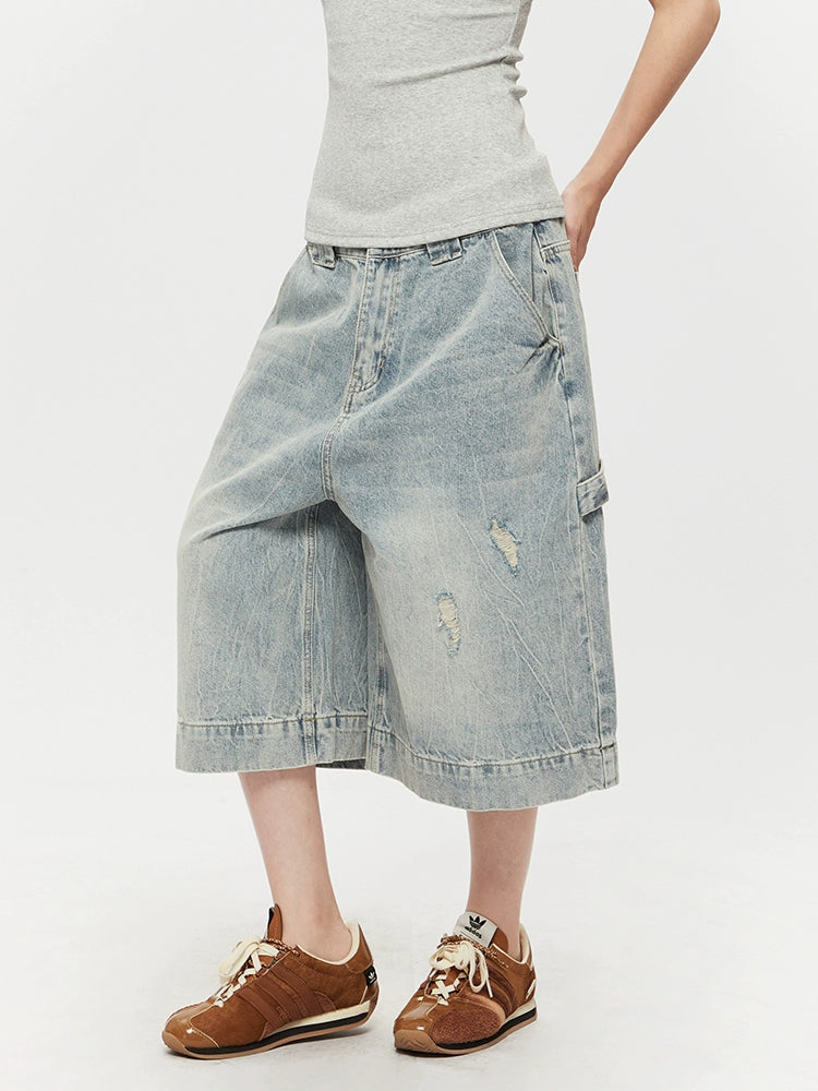 Distressed Wide-Leg Cropped Denim Pants