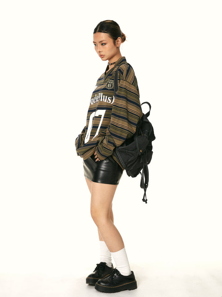 V-Neck Striped Jersey Turtleneck Top