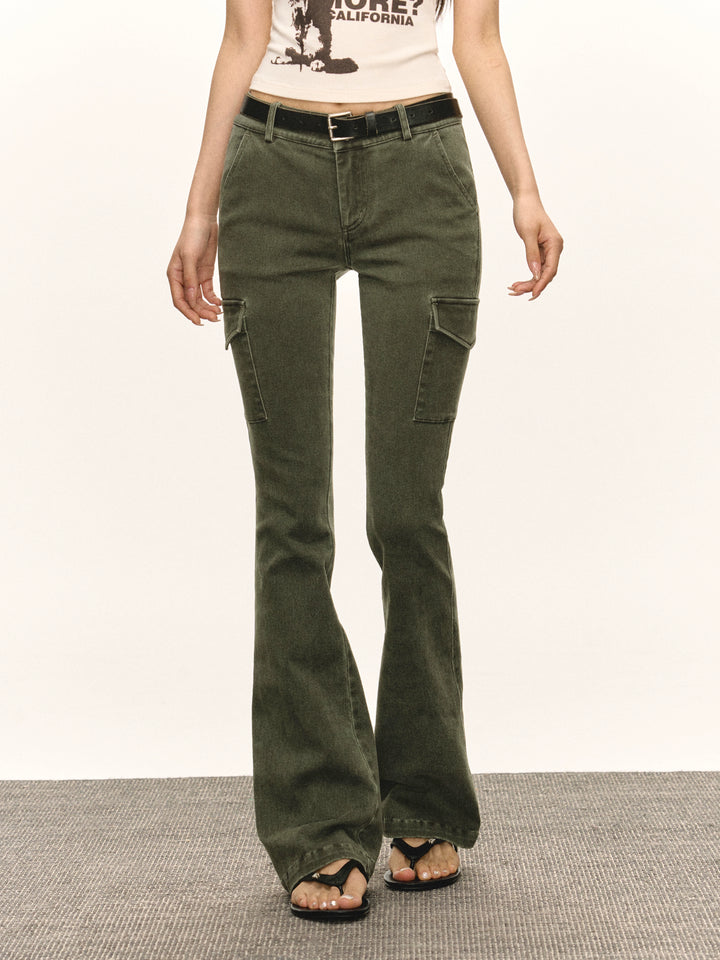Retro Gewassen Slim Flare Cargo Broek 