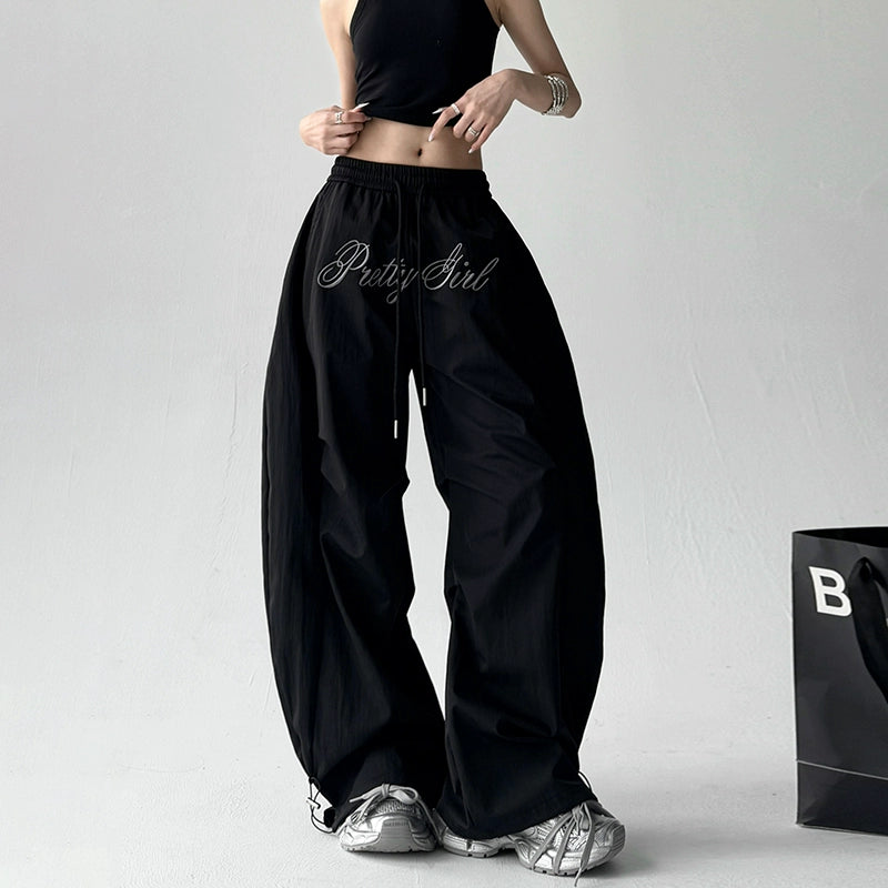 Letter Embroidery Pleated Wide Leg Pants
