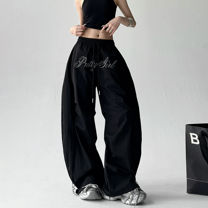 Letter Embroidery Pleated Wide Leg Pants
