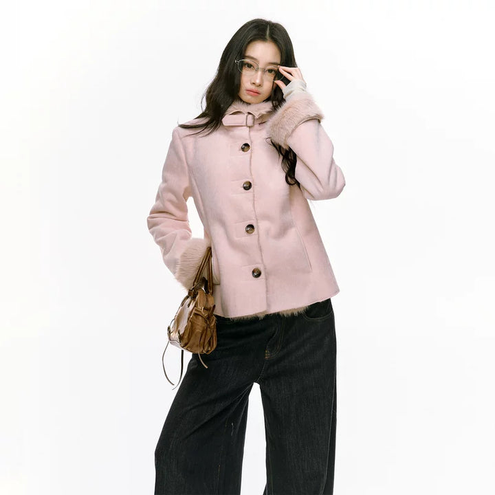 Slim Fit Fur-Lined Plush Button Coat