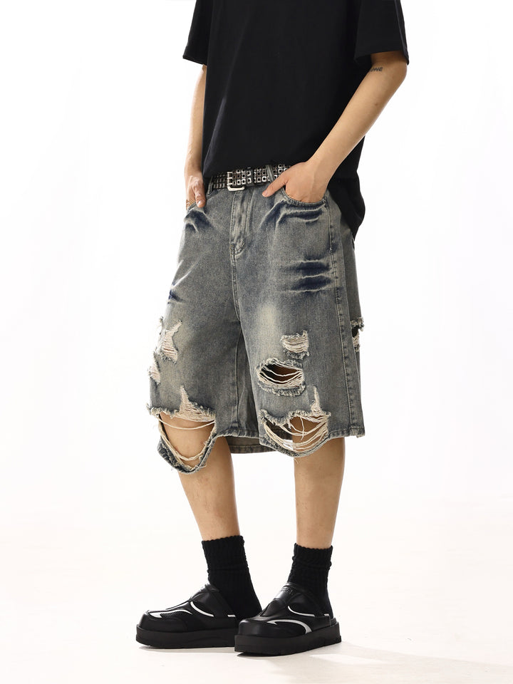 Distressed Ripped Wide-Leg Denim Shorts