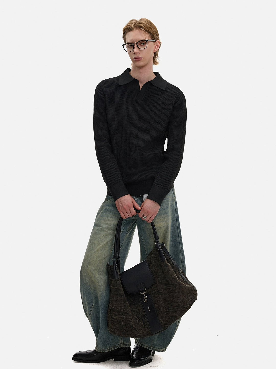 Polo Collar Textured Knitted Pullover