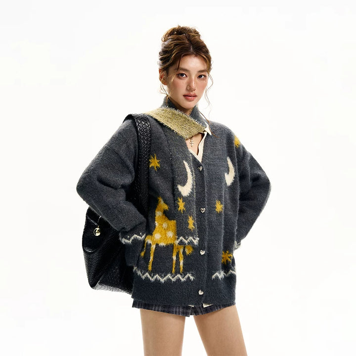 Cardigan en V brodé avec des rennes de Noël 