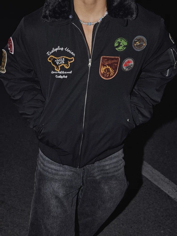 Fur Collar Embroidered Bomber Jacket