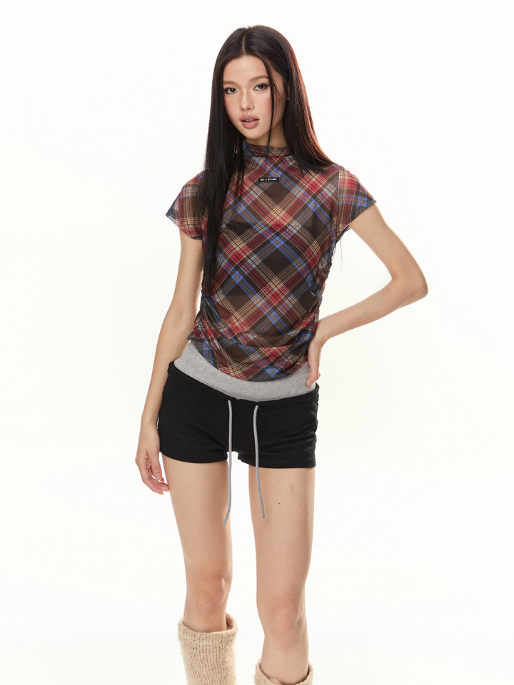 Retro Plaid Mesh Turtleneck Top