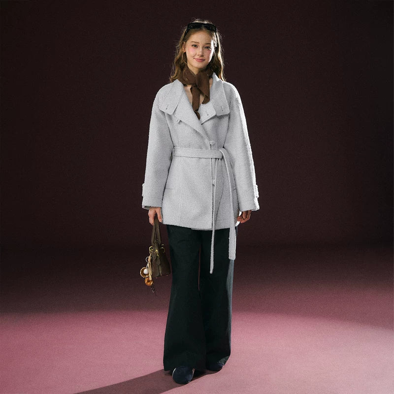 Belted Stand Collar Short Coat