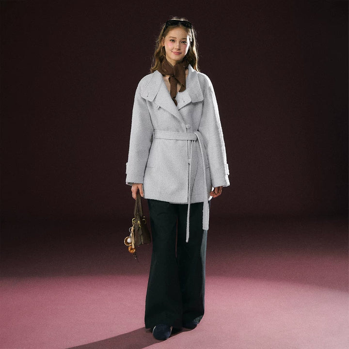 Belted Stand Collar Short Coat