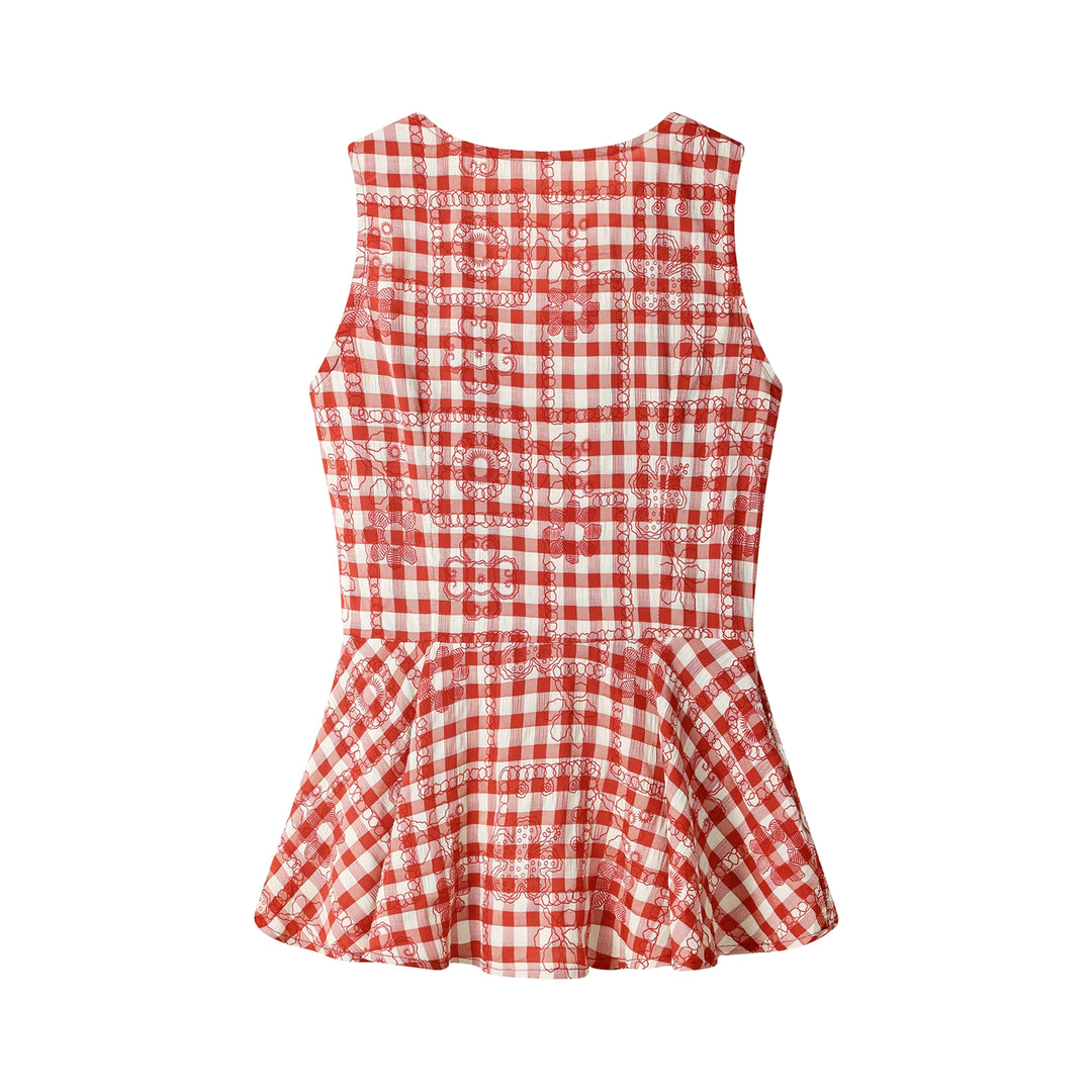 Débardeur peplum sans manches à carreaux plissés 