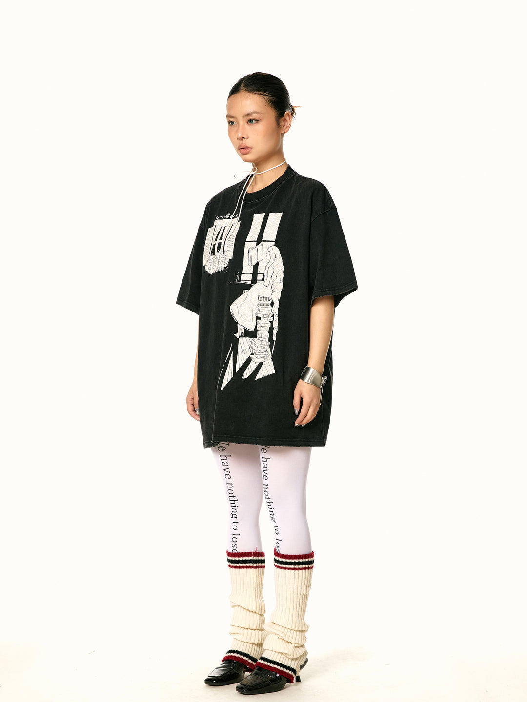 Retro Graphic Oversized Turtleneck T-Shirt