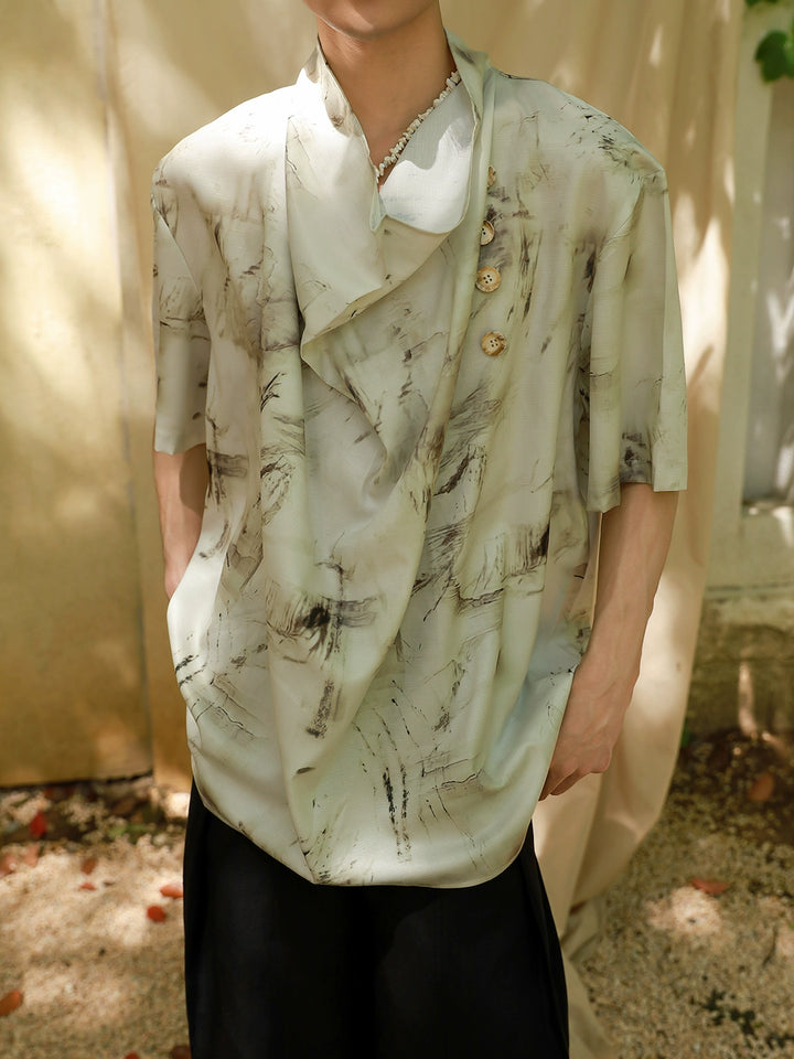Deconstructed Collar Ink Print Short Sleeve Shirt