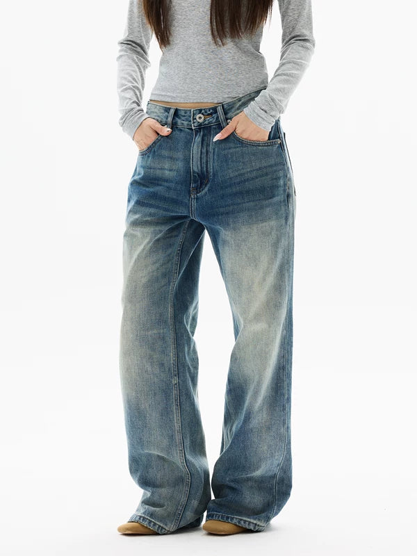 레트로 워시드 와이드 레그 진 팬츠 