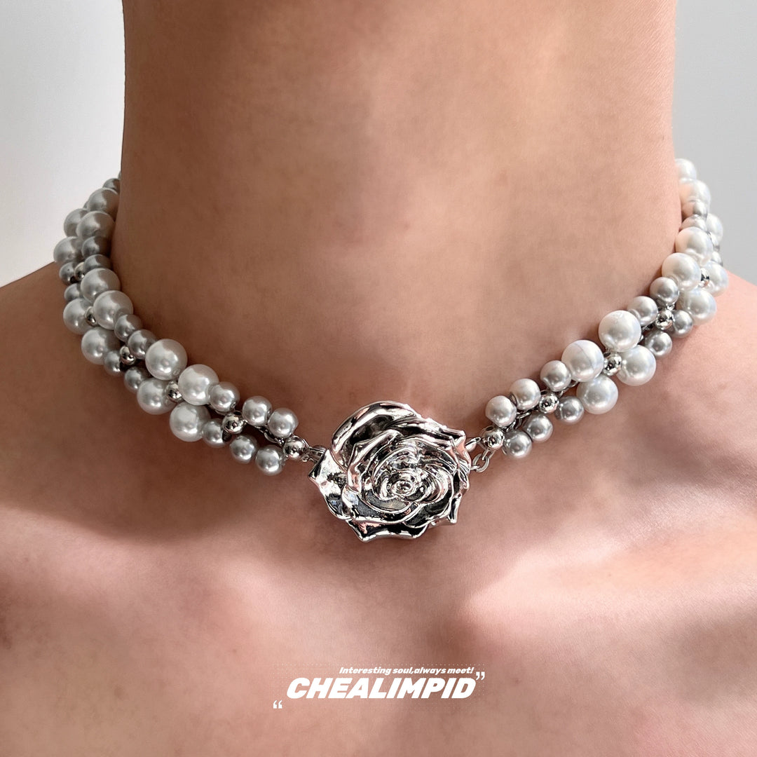 Stacked Pearl Rose Choker