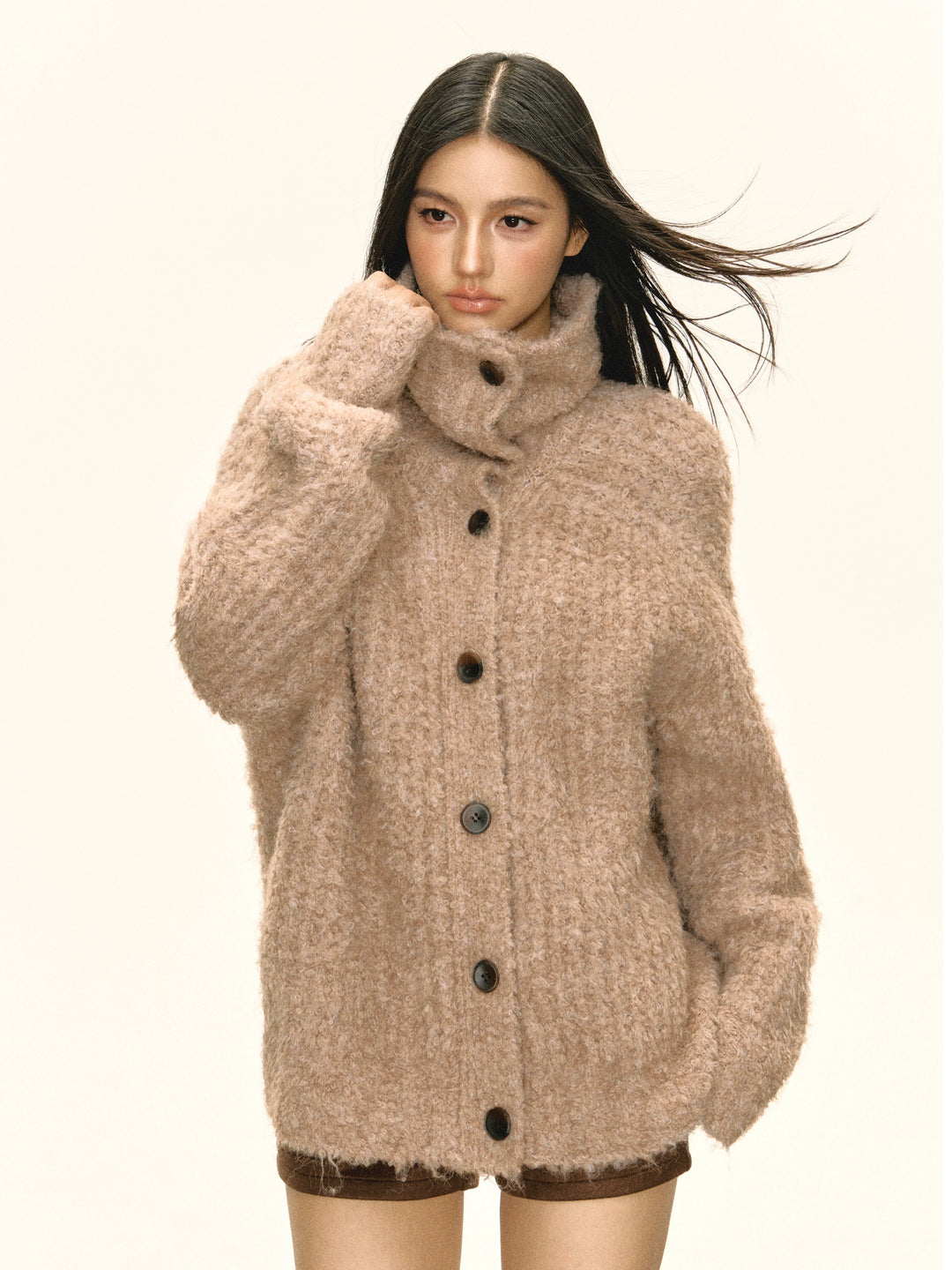 Button-Up Belted Textured Knit Sweater