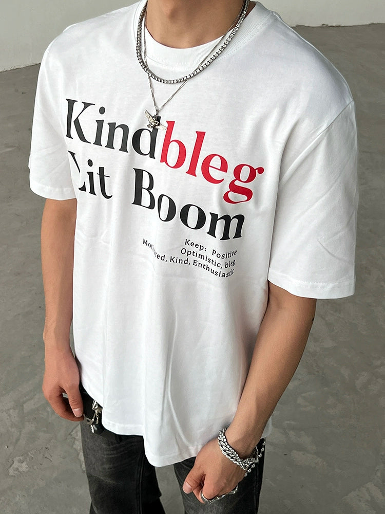 Camiseta Casual Solta de Algodão com Estampa de Letras 