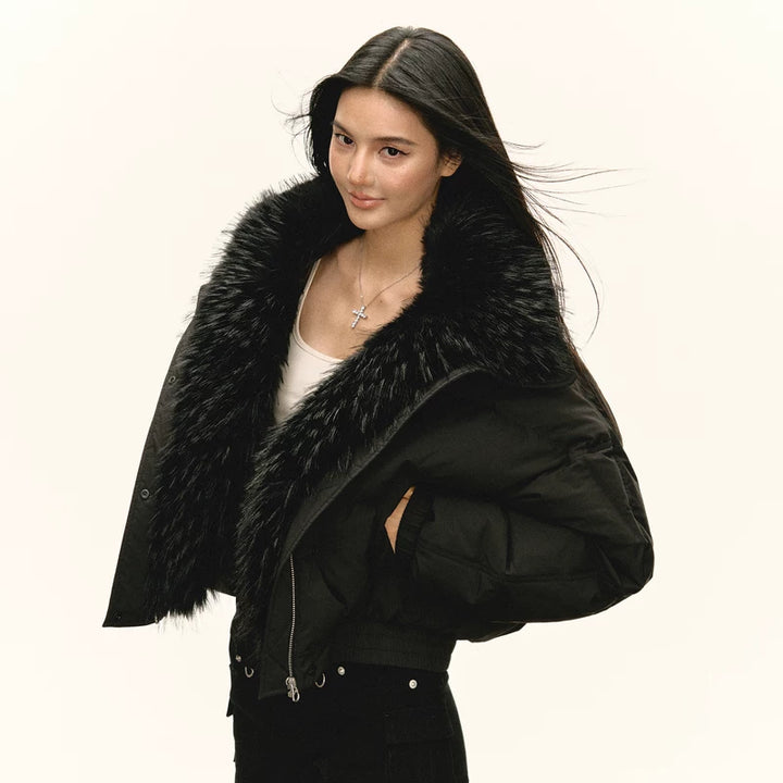 מעיל דאון רטרו עם צווארון פרווה גדול 