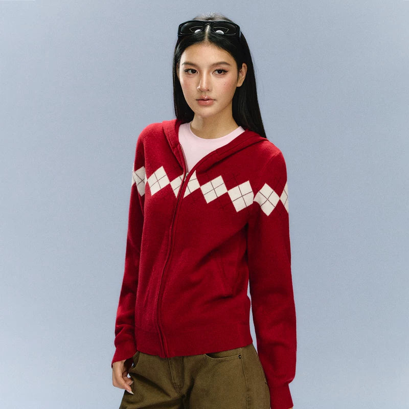 Argyle Zip Up Knit Hooded Sweater