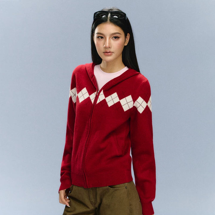 Argyle Zip Up Knit Hooded Sweater