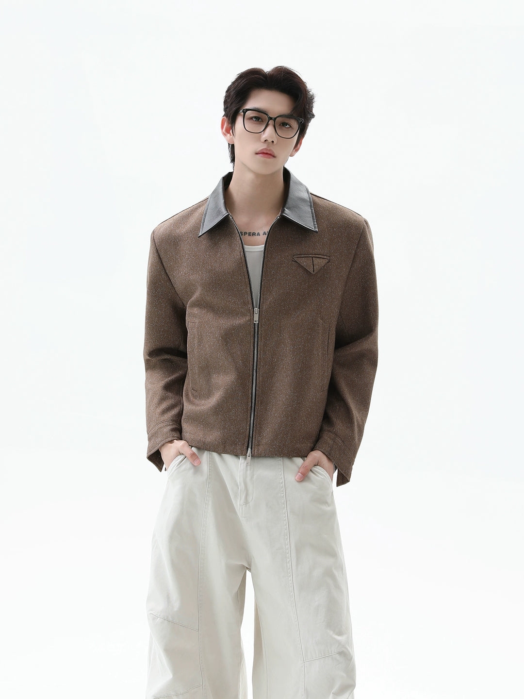 Leather Splicing Lapel Zipper Jacket