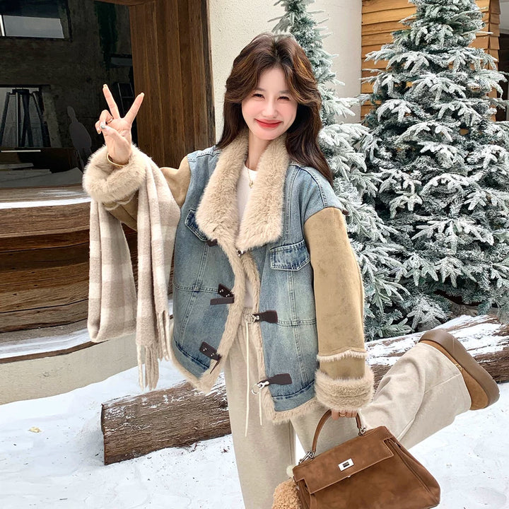 جاكيت مزين بقطع من الدنيم مبطن بالفرو الصناعي 