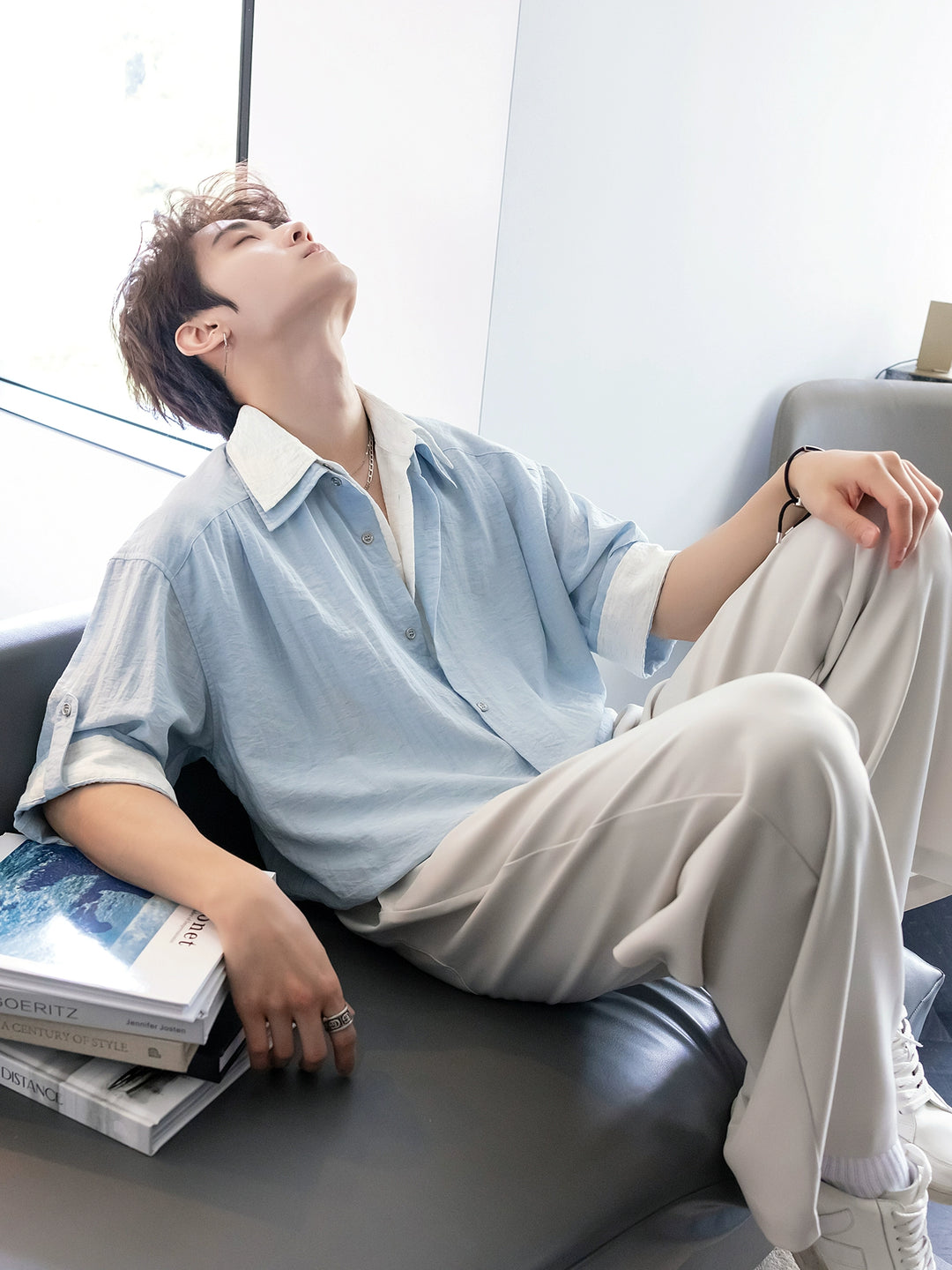 혼합 리넨 여유로운 핏의 투피스 세트 