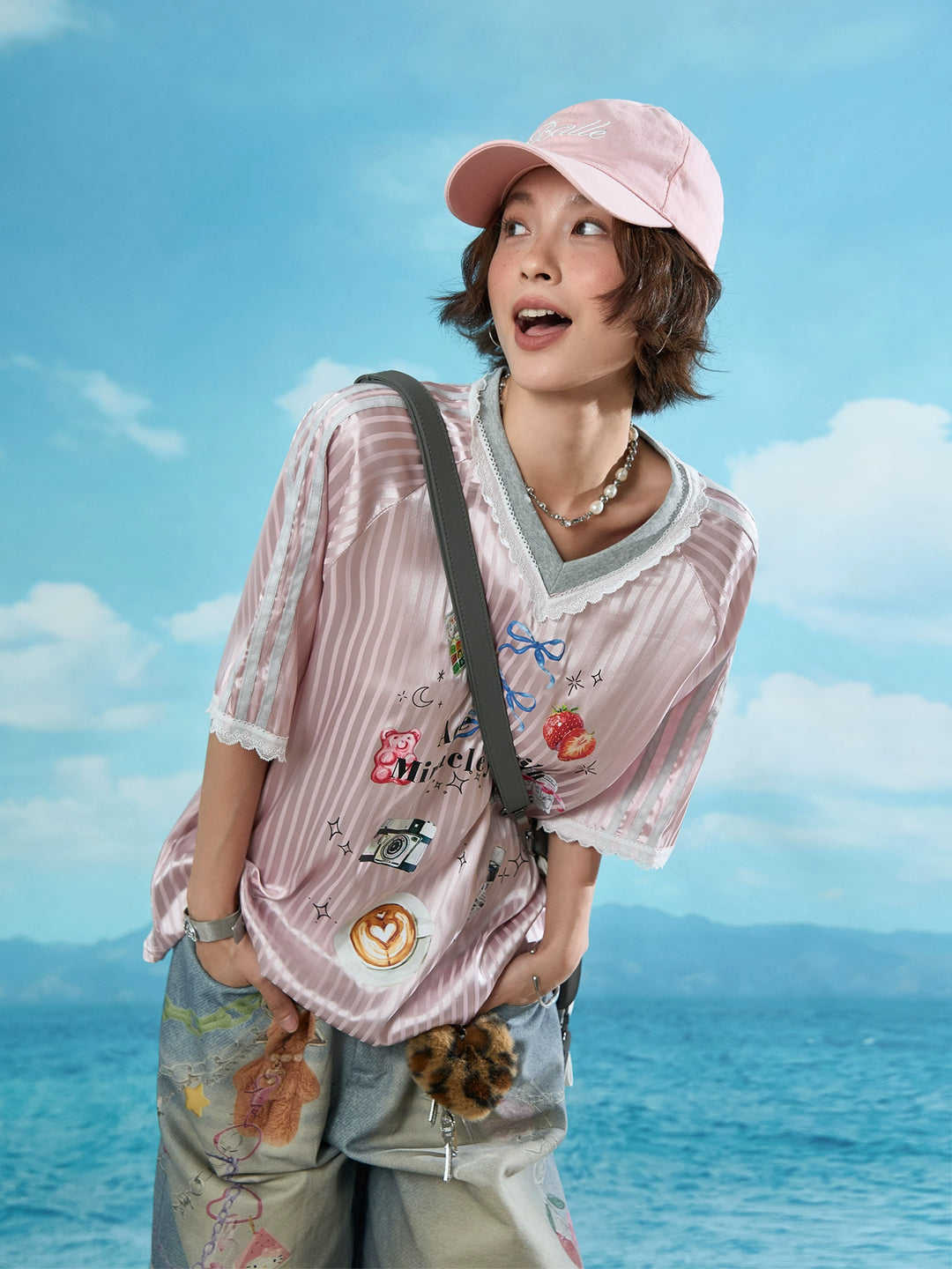Lace V-Neck Graphic Jersey T-Shirt