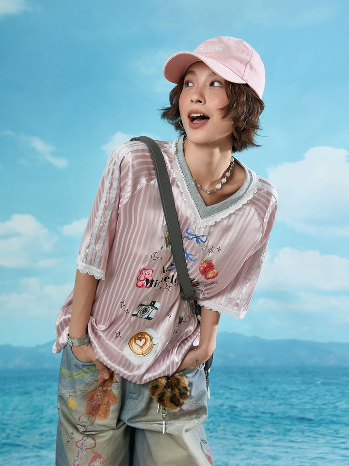 Lace V-Neck Graphic Jersey T-Shirt