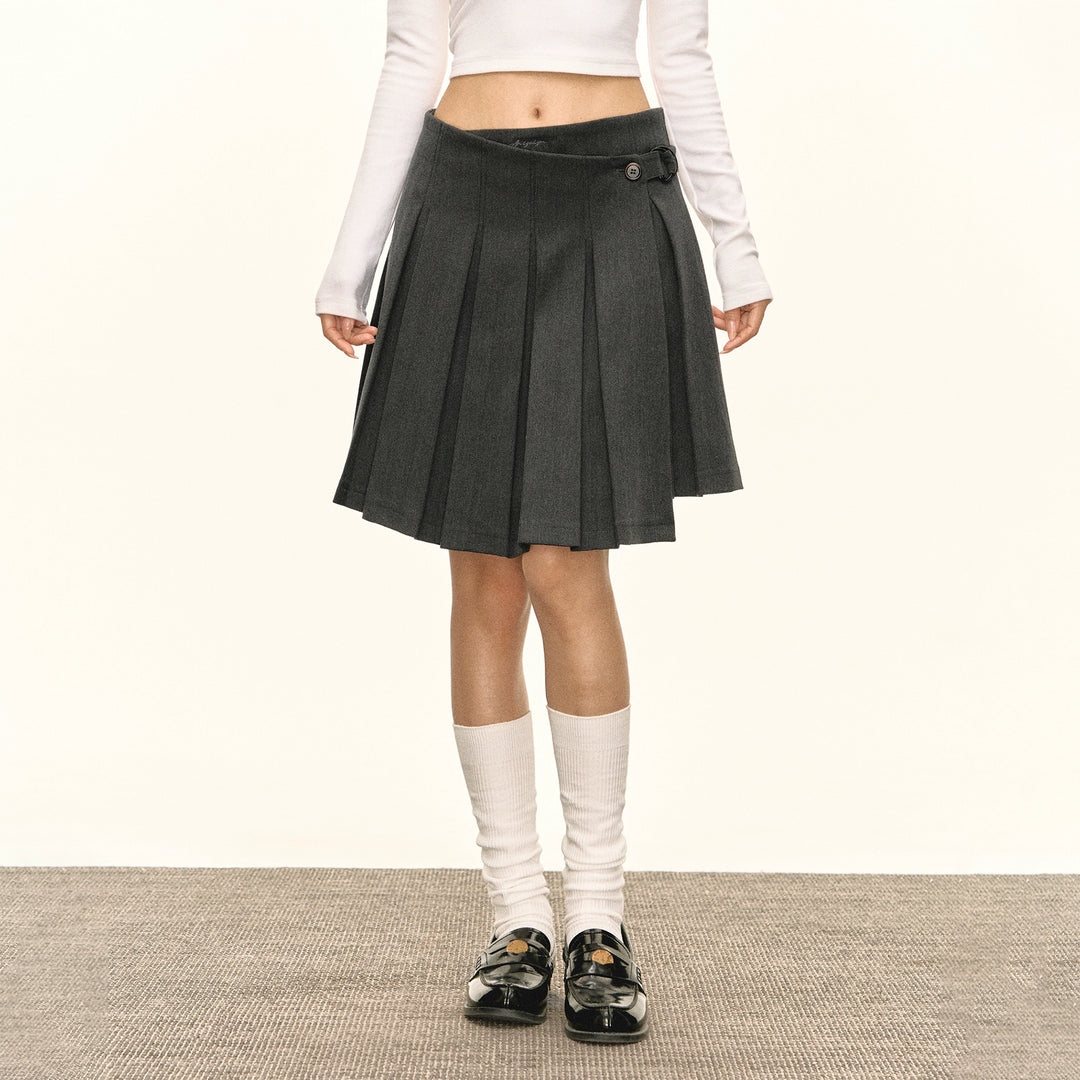 Button Pleated Midi Skirt