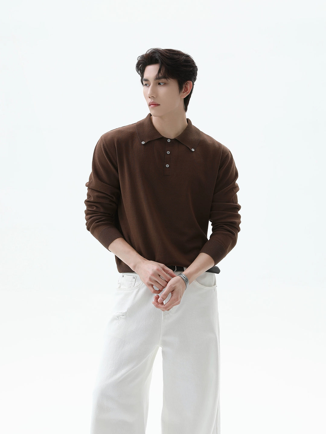 Retro klopový knoflík polo s dlouhým rukávem 