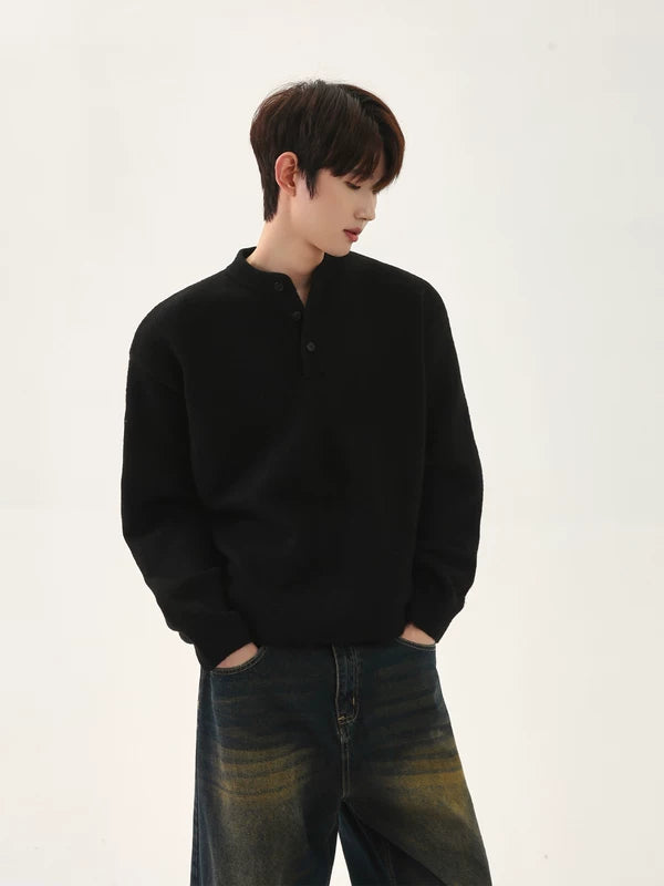 Retro Henley-Kragen Strickpullover 