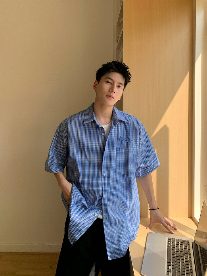 Blue Plaid Short-Sleeve Shirt