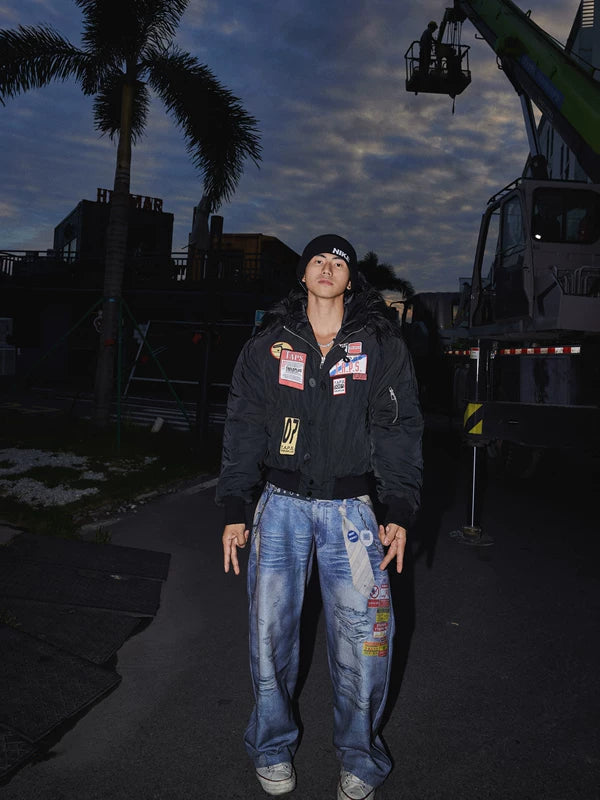 Embroidered Patch Fur Collar Hooded Jacket