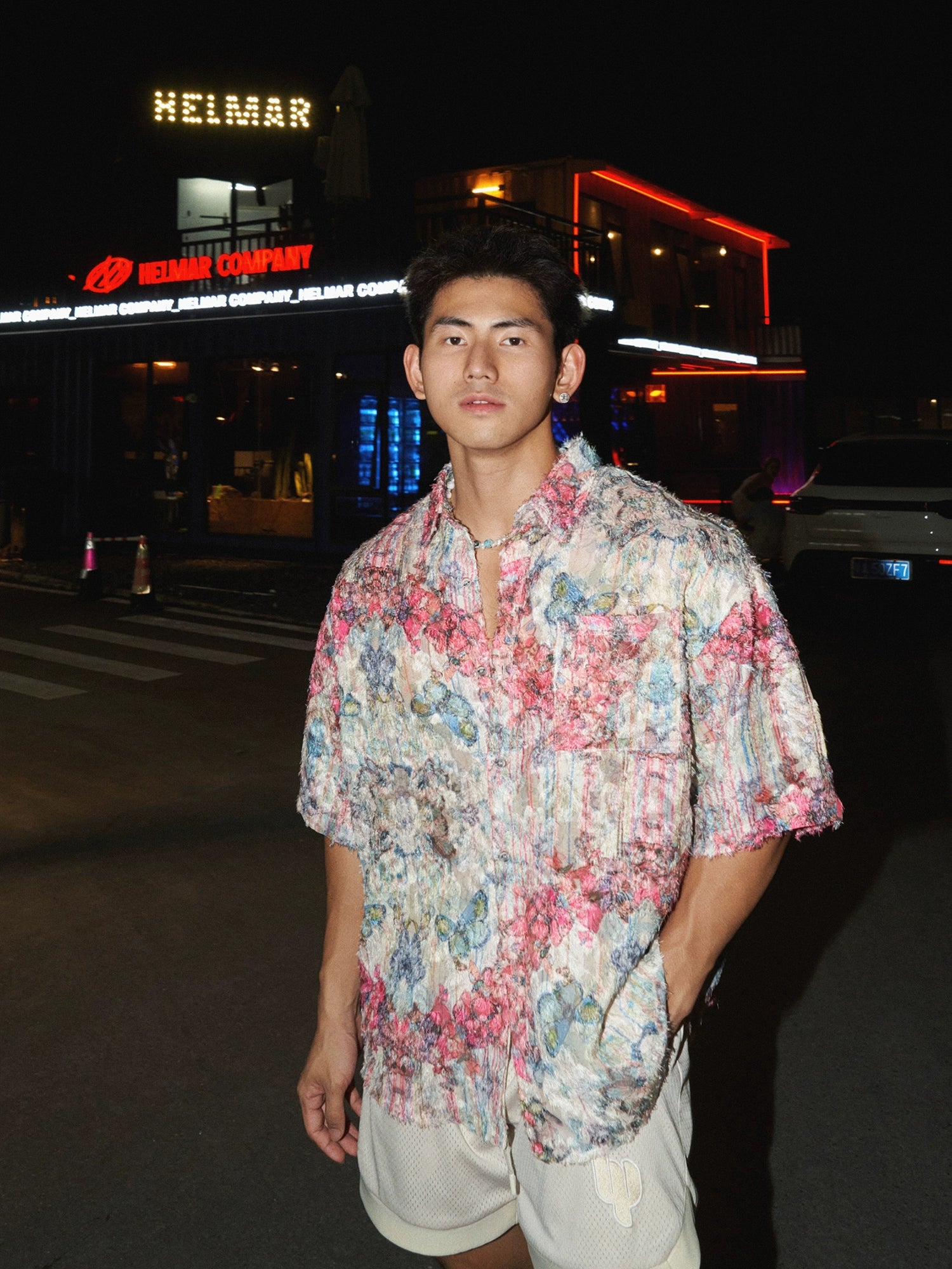 Texturierte florale Kurzarm-Casual-Hemd 