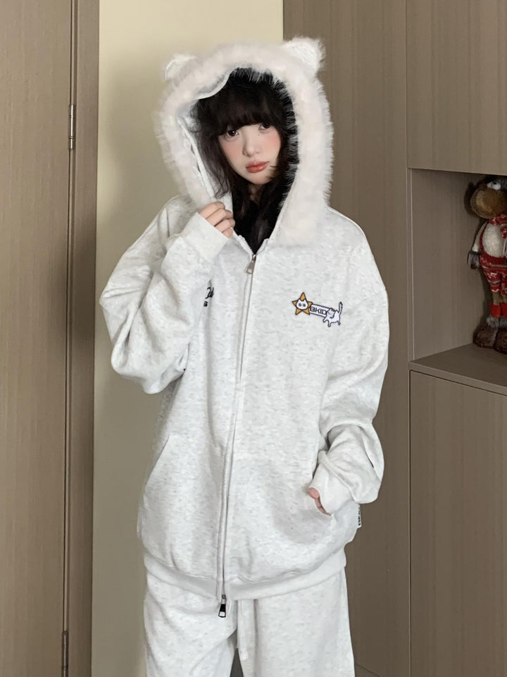 Chaqueta con cuello de piel de orejas de gato con capucha 